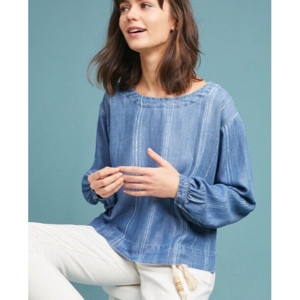 Anthropologie Cloth & Stone Chambray Blue Stripe Zip Back Top Blouse Small